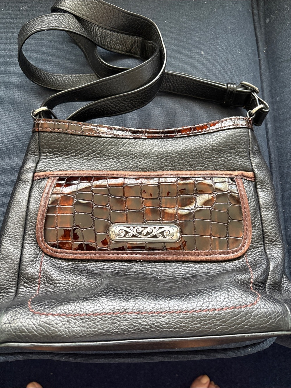 Brighton Black Leather Crossbody with Brown Croc-Effect Front Panel